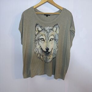 TRULY MADLY DEEPLY Womens Large Wolf Moon Graphic T-Shirt Grey Moto Boho Rock